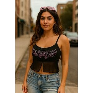 Y2K Tank Top Womens S Black Babydoll Butterfly Mesh Overlay Fairy